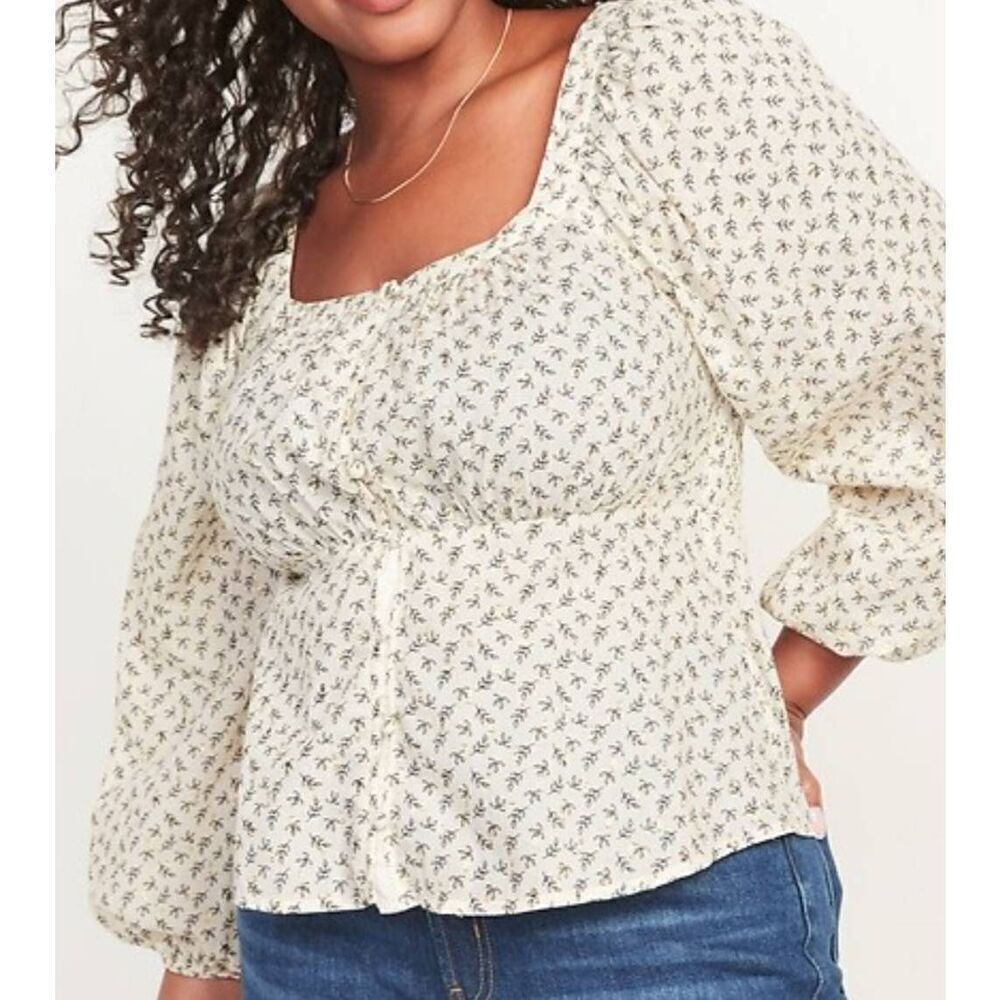 NWT Old Navy Top Women's 2X Cream Floral Long Sleeve Button Front Poet Blouse